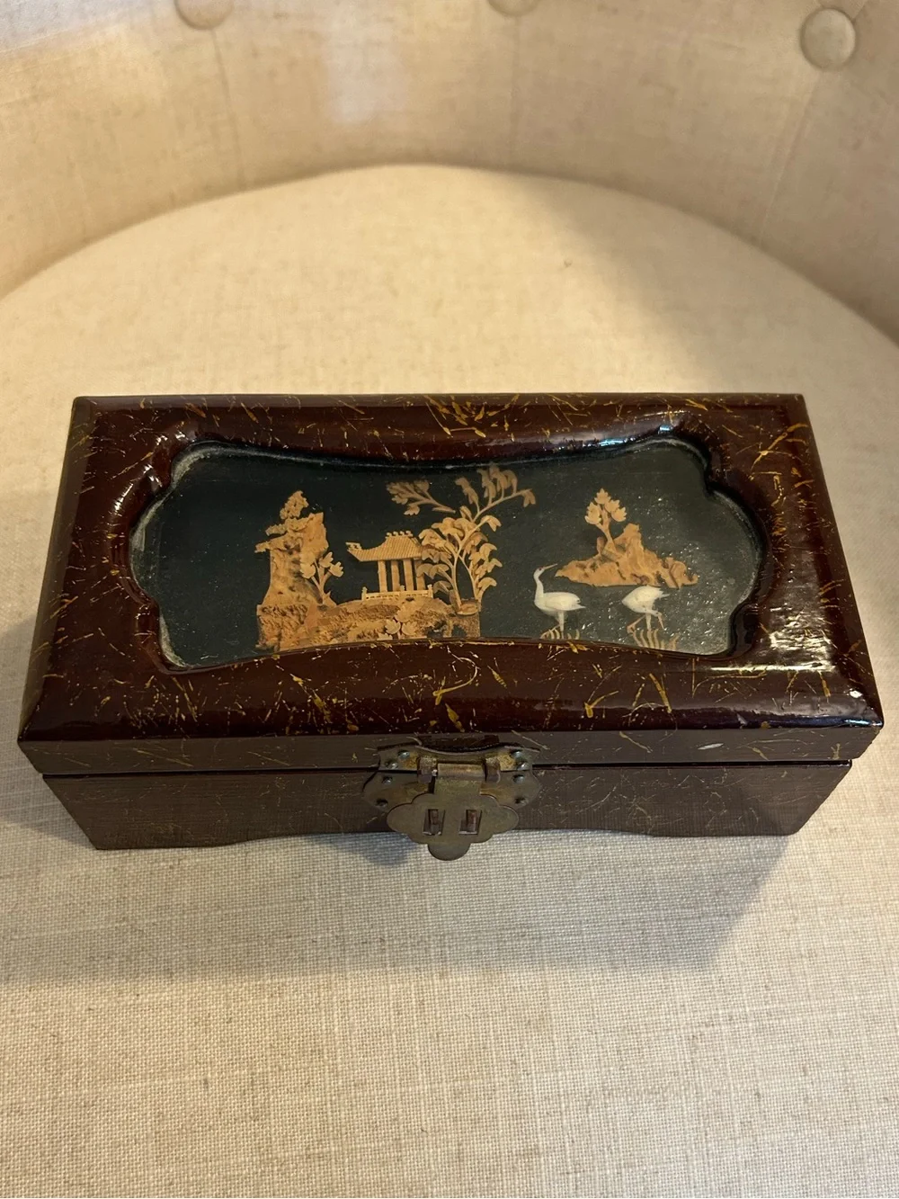 Mid Century Asian Jewelry Box, Pagoda Diorama Cork Art